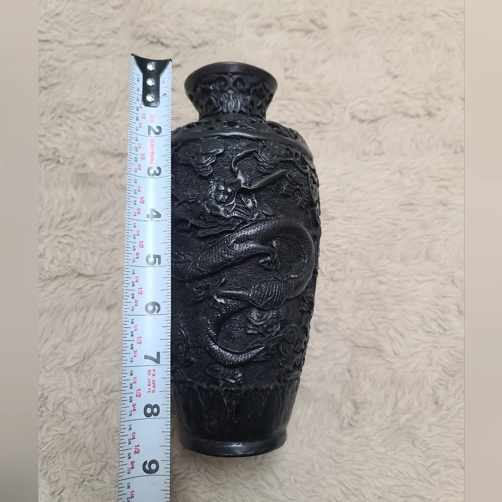 Vintage Chinese Black Embossed Double Dragon Cinnabar Style Decorative Vase - Picture 2 of 9